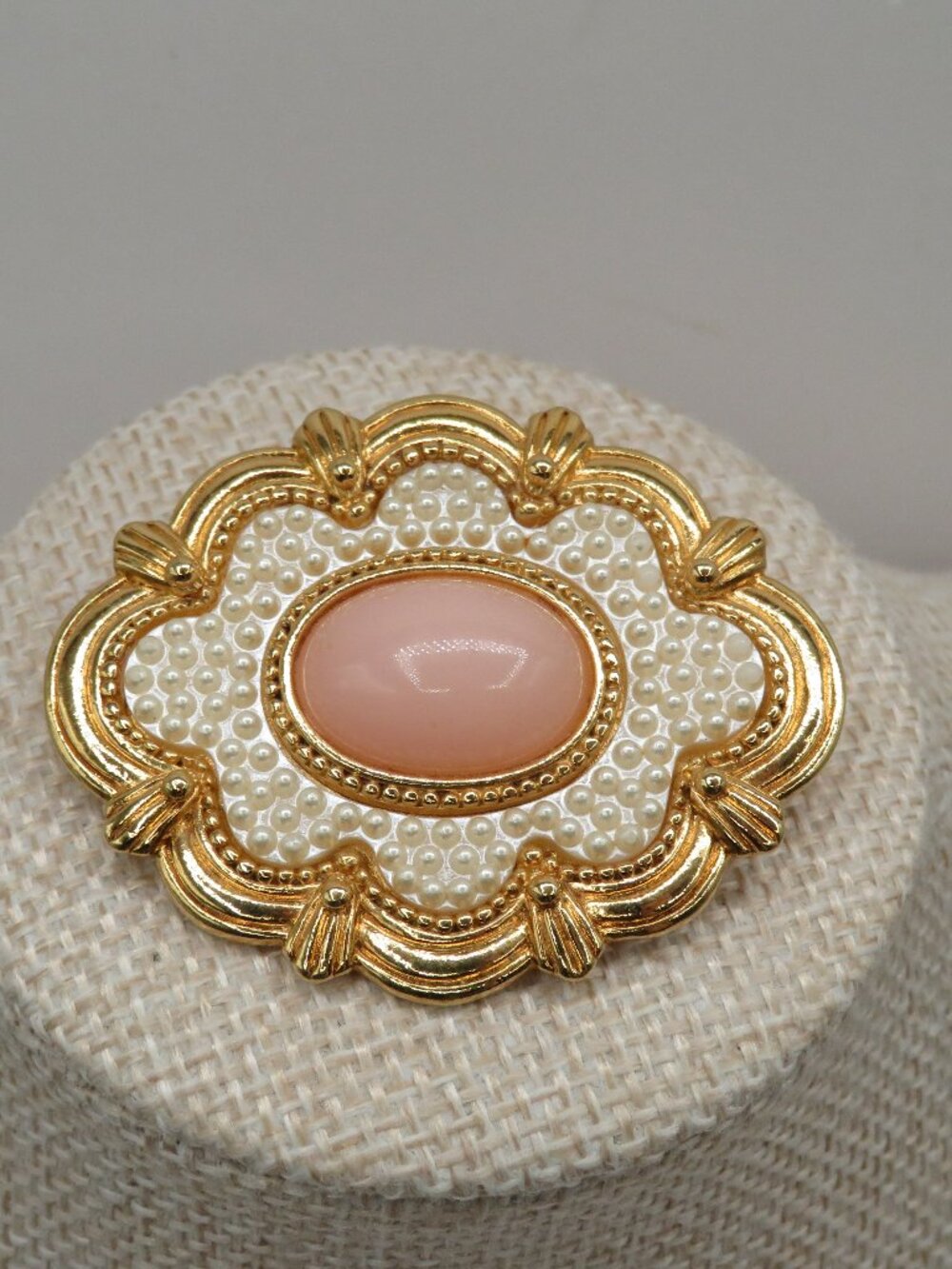 Vintage Avon Victorian Spring Pink Cabochon and Faux Pearl Gold Tone Brooch